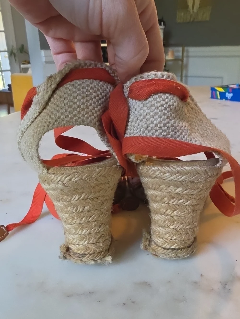 J. Crew Orange Patterned Espadrille Wedge Sandals w/ Orange Tie Straps Size 7.5